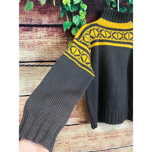 Chunky Knit Ski Sweater Turtleneck Fair Isle Turtleneck Wool Gray Yellow Women L - Picture 2 of 4
